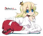  blonde_hair blue_eyes copyright_request crown long_hair oekaki onija_tarou pillow solo thighhighs 