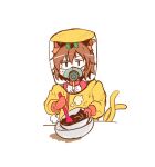  1girl bow bowtie brown_hair cat_tail chen chocolate_making commentary_request gloves green_headwear hair_between_eyes hat hazmat_suit holding holding_spoon jitome looking_at_viewer mask mob_cap mouth_mask multiple_tails nekomata red_gloves respirator shiromamekei short_hair simple_background solo spoon stirring sweat table tail touhou two_tails white_background white_bow white_bowtie 