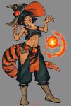  1girl absurdres artist_name belt black_hair boots breasts bumblesteak fire fireball full_body grey_background hat highres lizard_tail looking_at_viewer nose open_hand orange_eyes original solo standing tail witch_hat 