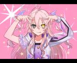  1girl :p absurdres aoki_shizumi arms_up bracelet closed_mouth d4dj grey_eyes hair_between_eyes heterochromia highres ichihoshi_lumina jewelry pink_hair solo star_(symbol) star_in_eye symbol_in_eye tongue tongue_out v yellow_eyes 
