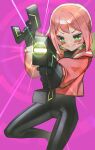  1girl absurdres black_pantyhose clip_studio_paint_(medium) cowboy_shot green_eyes gun highres holding holding_gun holding_weapon jacket looking_at_viewer original pantyhose pink_background pink_hair pink_jacket saaal653 simple_background smile solo weapon xenon_(saaal653) 