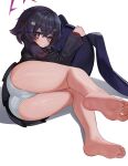  1girl ass bags_under_eyes bare_legs barefoot black_hair blue_archive blush commentary dokomon feet halo haruka_(blue_archive) highres holding_cushion korean_commentary looking_at_viewer lying on_side panties purple_eyes soles solo toes underwear white_panties 