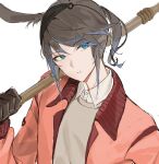  1boy black_gloves blue_eyes brown_hair closed_mouth collared_shirt final_fantasy final_fantasy_xiv gloves grey_sweater head_tilt highres holding jacket lumeru_33 pink_jacket ponytail shirt solo sweater viera warrior_of_light_(ff14) white_shirt wing_collar 