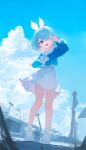  1girl arona_(blue_archive) blue_archive blue_eyes blue_hair blue_shirt blue_sky blurry braid choker cloud cloudy_sky commentary cumulonimbus_cloud day depth_of_field full_body hair_over_one_eye hair_ribbon highres index_finger_raised long_sleeves looking_at_viewer medium_hair midriff_peek one_eye_covered open_mouth outdoors pink_hair ribbon school_uniform serafuku shirt shoes side_braid skirt sky smile sneakers solo standing umou_(umouawa) w white_choker white_footwear white_ribbon white_skirt 