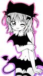  ;p bat_hair_ornament blush censored hair_ornament hat hinamori_amu kemushi looking_at_viewer midriff monochrome navel nude one_eye_closed short_hair shugo_chara! solo spot_color standing stomach thigh_strap tongue tongue_out 