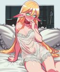  1girl arm_support bare_shoulders bed_sheet blonde_hair blush breasts choker closed_mouth dress dungeon_meshi ear_blush ears_down elf green_eyes hair_between_eyes hair_down hand_up highres lingerie loen long_hair looking_at_viewer mage_staff marcille_donato medium_breasts negligee on_bed outside_border panties pillow pointy_ears see-through sitting smile solo strap_slip string_panties underwear valentine very_long_hair white_dress white_panties 