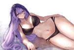  1girl bare_arms bare_shoulders black_bra black_panties black_swan_(honkai:_star_rail) bra breasts cleavage commentary_request highres honkai:_star_rail honkai_(series) large_breasts long_hair looking_at_viewer lying minz_(minh_nguyen) navel on_side panties purple_eyes purple_hair smile solo stomach thighs underwear underwear_only veil very_long_hair 