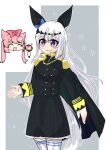  2girls absurdres agnes_digital_(umamusume) animal_ears awaji_(hotel_kyuu_awaji) black_cloak black_jacket black_skirt blue_bow bow buttons cloak double-breasted drooling ear_bow epaulettes fourragere genderswap genderswap_(mtf) grey_background grey_hair hair_between_eyes hair_bow hand_fan highres holding holding_fan horse_ears horse_girl horse_tail jacket kurofune_(racehorse) long_hair long_sleeves military_jacket motion_lines multiple_girls original otaku outline paper_fan personification purple_eyes red_bow skirt tail thighhighs two_side_up uchiwa umamusume white_thighhighs 