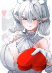  1girl absurdres blush box box_of_chocolates breasts cotan_(actancyaga) duel_monster grey_eyes heart heart-shaped_box highres holding holding_box horns huge_breasts looking_at_viewer lovely_labrynth_of_the_silver_castle pointy_ears solo valentine yu-gi-oh! 