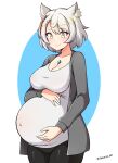  1girl absurdres aged_up animal_ear_fluff animal_ears arm_under_breasts blush breasts cat_ears chest_jewel cleavage closed_mouth covered_navel cowboy_shot grey_hair grey_jacket hand_on_own_stomach highres jacket jarckius large_breasts mio_(xenoblade) open_clothes open_jacket pregnant shirt short_hair smile solo twitter_username white_shirt xenoblade_chronicles_(series) xenoblade_chronicles_3 yellow_eyes 