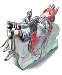  1girl arknights armored_boots black_gloves black_socks boots breasts flametail_(arknights) full_body gloves grey_shirt grey_shorts hair_between_eyes hand_up highres long_hair lying medium_breasts on_back red_eyes red_hair shadow shirt shorts simple_background socks solo spam_(spamham4506) sword very_long_hair weapon white_background 