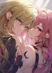  2girls blonde_hair blush braid clip_studio_paint_(medium) commentary_request crescent_moon crescent_tattoo earrings finger_on_another&#039;s_head frown green_eyes highres jewelry light_particles looking_at_viewer moon multicolored_hair multiple_girls official_art original pink_eyes pink_hair smile upper_body yukiko_(tesseract) yuri 