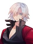  1boy blue_eyes closed_mouth dante_(devil_may_cry) detre6969 devil_may_cry_(series) devil_may_cry_2 hair_over_one_eye highres looking_at_viewer male_focus simple_background solo white_hair 