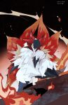  animal_focus artist_name black_background copyright_name cross-shaped_pupils fire full_body highres kamikiririp no_humans pokemon pokemon_(creature) signature solo symbol-shaped_pupils twitter_username two-tone_background volcarona yellow_eyes 