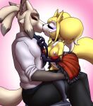 2_horns anthro bandai_namco breasts canid canine choker clothed clothing clothing_pull digimon digimon_(species) dress dress_shirt duo eyes_closed facial_markings female fox french_kissing furball genji hand_on_butt hand_on_chest head_markings hi_res holidays horn hybrid imp impmon jewelry kiss_on_lips kissing larger_male larger_male_smaller_female legwear male male/female mammal markings navel necklace necktie necktie_pull nipples on_lap red_clothing red_dress renamon renimpmon renimpmon_x shirt short_stack simple_background sitting sitting_on_another size_difference smaller_female stockings tongue topwear translucent translucent_clothing valentine&#039;s_day
