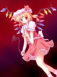  ascot bangs blonde_hair crack eyebrows_visible_through_hair flandre_scarlet frilled_skirt frills hat laevatein lzh mob_cap one_side_up puffy_short_sleeves puffy_sleeves red red_eyes red_skirt short_sleeves skirt skirt_set socks solo touhou vest white_legwear wings 