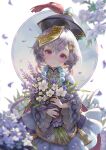  1girl bouquet child dress flower genshin_impact hat highres holding holding_bouquet jewelry jiangshi kim_eul_bong long_hair long_sleeves looking_back necklace parted_lips pearl_necklace purple_dress purple_eyes qiqi_(genshin_impact) sidelocks simple_background talisman 