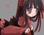  :o bangs black_hair blunt_bangs blush dress frills furude_rika grey_background hairband higurashi_no_naku_koro_ni long_sleeves looking_at_viewer parted_lips purple_eyes red_dress simple_background solo suzushiro_kurumi wide_sleeves 