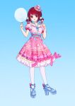  1girl absurdres arima_kana blue_background blue_footwear bob_cut candy dress food full_body hat hat_ribbon highres holding holding_candy holding_food inverted_bob looking_at_viewer oshi_no_ko pink_dress pink_headwear red_eyes red_hair ribbon short_hair simple_background socks solo white_socks xiang_yu_pai 