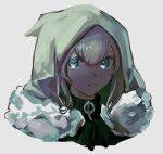  1girl cloak commentary_request cropped_shoulders eyelashes fate_(series) fur-trimmed_cloak fur_trim gray_(fate) grey_background grey_eyes grey_hair hood hood_up hooded_cloak looking_at_viewer parted_lips simple_background solo tokoni_fusu 