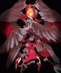  1boy 1girl black_thighhighs charlie_morningstar demon_boy demon_girl demon_wings dress father_and_daughter hazbin_hotel highres lamer962 long_hair looking_at_viewer lucifer_(hazbin_hotel) red_dress suit thighhighs wings 