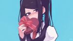  1girl absurdres black_hair black_vest blue_background blush box box_of_chocolates collared_shirt covering_own_mouth gift heart-shaped_box highres holding holding_gift jill_stingray looking_at_viewer necktie nose_blush parted_bangs portrait red_eyes red_necktie rnna shirt simple_background solo twintails va-11_hall-a valentine vest white_shirt 