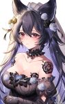  1girl alternate_costume animal_ears bare_shoulders black_hair blush breasts choker cleavage collarbone detached_sleeves elbow_gloves erune flower frilled_choker frills gloves granblue_fantasy hair_between_eyes highres jewelry large_breasts long_hair nier_(granblue_fantasy) red_eyes solo upper_body veil yuntae 