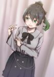  1girl absurdres alternate_hairstyle belt black_belt black_bow black_bowtie black_hair black_skirt blush bow bowtie commentary commentary_request dutch_angle gradient_hair green_eyes green_hair grey_shirt hair_between_eyes highres kashinoshi long_sleeves love_live! love_live!_nijigasaki_high_school_idol_club medium_hair multicolored_hair open_mouth ponytail shirt sidelocks skirt solo takasaki_yuu upper_body 