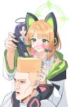  3girls animal_ear_headphones animal_ears barber_cape black_halo blue_archive blue_necktie bow cat_ear_headphones choso_giving_toudou_a_haircut_(meme) cutting_hair electric_razor fade_(haircut) fake_animal_ears flattop green_bow green_hair green_halo hair_clipper halo headphones highres low-tied_sidelocks mechanical_halo meme midori_(blue_archive) momoi_(blue_archive) multiple_girls necktie nonbire pink_halo purple_hair siblings sisters tall_hair twins two_side_up white_background wireless_earphones yuuka_(blue_archive) 