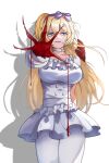  1girl absurdres blonde_hair blood blood_on_hands blue_eyes choker dress frilled_dress frills highres hime_hajime long_hair mayamochi open_mouth pantyhose power_symbol_hair_ornament shadow solo virtual_youtuber vshojo white_background white_choker white_dress white_pantyhose 