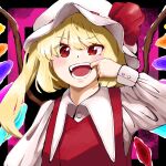  1girl blonde_hair crystal_wings embodiment_of_scarlet_devil flandre_scarlet hat hat_ribbon highres medium_hair mob_cap mouth_pull open_mouth red_eyes red_ribbon ribbon shirt side_ponytail solo takegusa touhou upper_body white_shirt 