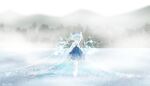  1girl blue_eyes cirno day fairy_wings forest highres ice lake medium_hair misty_lake mountain mountainous_horizon nature shee_take snowflakes solo touhou tree water wings 