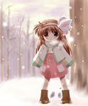  boots brown_hair cold highres kannazuki_yukito kanon long_hair outdoors red_eyes ribbon scarf snow solo tears tree tsukimiya_ayu younger 