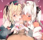  1boy 2girls animal_ears bare_shoulders blonde_hair blush cat_ears cat_girl censored commentary_request cooperative_fellatio copyright_request fellatio ffm_threesome group_sex heart heart_hands heart_hands_duo licking licking_penis long_sleeves looking_at_viewer mosaic_censoring multiple_girls open_mouth oral paid_reward_available penis red_eyes shimada_fumikane tan threesome tongue tongue_out white_hair 
