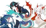  3girls arknights black_hair blue_hair china_dress chinese_clothes colored_skin dokonjou_(odossan) dragon_girl dragon_horns dragon_tail dress dusk_(arknights) dusk_(everything_is_a_miracle)_(arknights) highres horns ling_(arknights) long_hair looking_at_viewer multiple_girls nian_(arknights) nian_(unfettered_freedom)_(arknights) orange_eyes penis pointy_ears short_hair tail white_background white_hair 