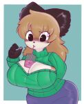 anthro beverage blue_clothing brown_body brown_fur canid canine clothing container cup female female_anthro fox fujiko_(inazuma_kat) fur gloves_(marking) green_clothing hair hi_res inazuma_kat leg_markings mammal markings object_between_breasts simple_background socks_(marking) solo white_body white_fur