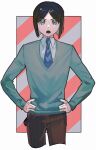  1boy black_hair blue_necktie border brown_pants collared_shirt cropped_legs fate/zero fate_(series) green_sweater grey_eyes hands_on_own_hips highres long_sleeves lower_teeth_only male_focus necktie open_mouth pants shirt short_hair solo sweater teeth tokoni_fusu waver_velvet white_border white_shirt 