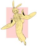  1girl animal_ears border carrot_(one_piece) full_body hair_ornament japanese_clothes kimono long_sleeves looking_at_viewer obi one_piece pink_background rabbit_ears rabbit_girl rabbit_tail raine_(acke2445) rectangle sash short_hair smile solo tail white_border 