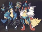 anthro black_background black_body black_fur blue_body blue_fur chest_spike doodtoon fur generation_4_pokemon hi_res lucario mega_evolution mega_lucario nintendo pokemon pokemon_(species) red_body red_eyes red_fur signature simple_background sleeves solo spikes spikes_(anatomy) tan_body tan_fur