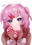  1girl blush brown_gloves brown_jacket covering_own_mouth doki_doki_literature_club fur-trimmed_jacket fur_trim gloves hair_ornament hair_ribbon hairclip hands_up jacket long_sleeves looking_at_viewer natsuki_(doki_doki_literature_club) pink_eyes pink_hair red_scarf ribbon scarf short_hair simple_background solo two_side_up upper_body white_background yame_pi 