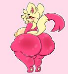anthro big_breasts big_butt breasts brown_eyes butt eyewear female generation_5_pokemon glasses hi_res huge_butt lewdchuu_(artist) mienfoo nintendo pink_background pokemon pokemon_(species) red_body short_stack simple_background solo tail yellow_body