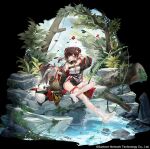  1girl ;d adjusting_hair bare_shoulders black_background black_hair black_sleeves blush breasts copyright_notice detached_collar detached_sleeves double_bun dress faux_figurine fish full_body girls&#039;_frontline girls&#039;_frontline_neural_cloud grass grin hair_bun hand_up highres jiangyu_(neural_cloud) long_hair looking_at_viewer low_twintails medium_breasts multicolored_hair no_shoes official_art on_rock one_eye_closed panda red_hair rock sitting sitting_on_rock smile solo strapless strapless_dress streaked_hair thighhighs tree tube_dress twintails type_97_(girls&#039;_frontline) very_long_hair vinegar_kira water water_drop wet wet_clothes wet_dress wet_thighhighs white_thighhighs yellow_eyes 