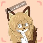 1:1 anthro averi_(fiddleafox) brown_body brown_fur canid canine female female_anthro fox fur gesture gloves_(marking) hair looking_at_viewer mammal markings serial_experiments_lain simple_background solo unknown_artist v_sign white_body white_fur