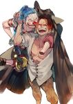  2boys amputee bare_pectorals black_cape blue_eyes blue_hair buggy_the_clown cape closed_eyes clown_nose devil_fruit_power facial_hair facial_tattoo hair_tie highres laughing leg_hair long_hair male_focus mochika multiple_boys one_piece open_mouth pants pectorals ponytail print_pants red_hair red_lips red_nose scar scar_across_eye scar_on_face shanks_(one_piece) shirt short_hair simple_background skull_and_crossbones_tattoo smile striped_clothes striped_shirt sword tattoo teeth unbuttoned unbuttoned_shirt weapon white_background white_shirt 