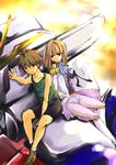  1girl brown_hair cravat epaulettes gloves gundam gundam_wing heero_yuy long_hair mecha relena_peacecraft short_hair shorts wing_gundam yu_yu 