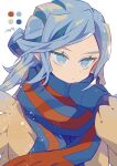  1boy auko bad_hands blue_eyes blue_hair blue_mittens blue_scarf brown_jacket color_guide commentary_request dot_mouth grusha_(pokemon) highres jacket light_blue_hair long_hair looking_to_the_side male_focus mittens pokemon pokemon_sv red_scarf scarf signature simple_background solo two-tone_scarf upper_body white_background 