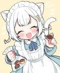  1girl animal_ears apron bag blush braid cat_ears cat_girl cat_tail chocolate closed_eyes commentary dress fangs food holding holding_bag holding_food long_sleeves maid maid_headdress open_mouth original pouch smile solo tail twin_braids white_hair yellow_background yukijiro 