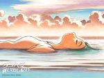  afloat artist_name ashinano_hitoshi breasts closed_eyes cloud company_name copyright_name day from_side hatsuseno_alpha horizon medium_breasts ocean outdoors parted_lips profile sky solo wallpaper water yokohama_kaidashi_kikou 