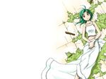  ashinano_hitoshi bare_shoulders blush breasts camisole feet_out_of_frame green_hair hatsuseno_alpha jewelry long_skirt looking_at_viewer lying medium_breasts midriff moss necklace on_back on_floor own_hands_together pendant purple_eyes skirt skirt_set solo spaghetti_strap string wallpaper white_skirt wood yokohama_kaidashi_kikou 