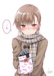  1girl absurdres black_gloves blush brown_coat brown_eyes brown_hair closed_mouth coat commentary_request flower gift giving gloves grey_scarf hair_flower hair_ornament highres holding holding_gift long_sleeves medium_hair misaka_mikoto okara plaid plaid_scarf scarf solo speech_bubble toaru_kagaku_no_railgun toaru_majutsu_no_index translation_request upper_body valentine 